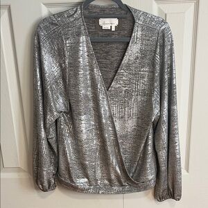 Anthropologie Silver Metallic Wrap Blouse